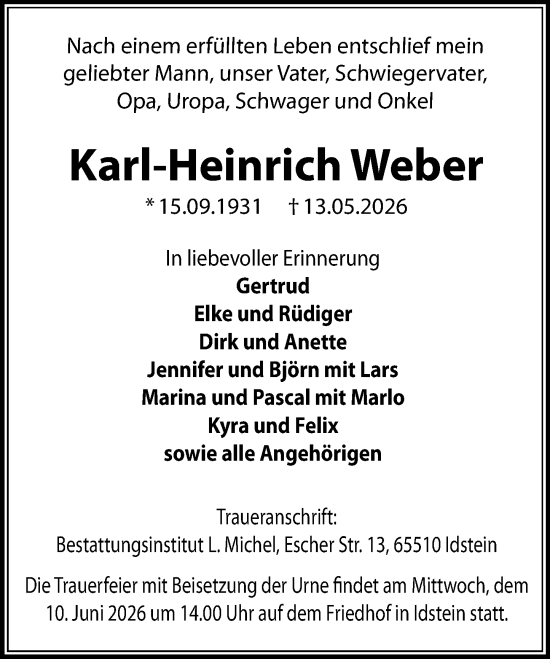 Traueranzeige von Karl-Heinrich Weber von Idsteiner Land/Untertaunus