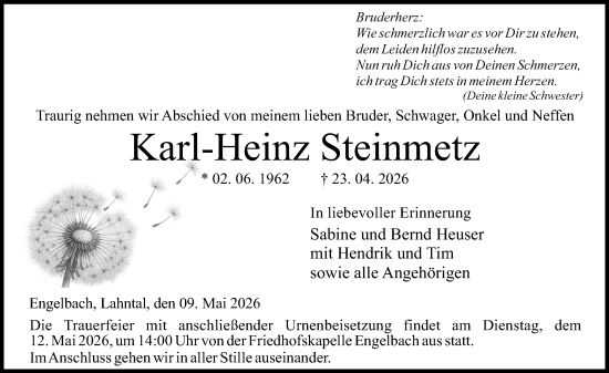 Traueranzeige von Karl-Heinz Steinmetz von Hinterländer Anzeiger