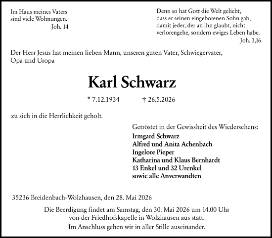 Traueranzeige von Karl Schwarz von Hinterländer Anzeiger