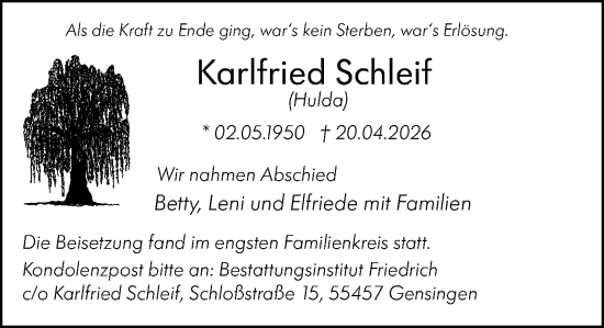 Traueranzeige von Karlfried Schleif von Binger-/Ingelheimer Wochenblatt