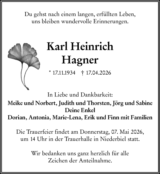 Traueranzeige von Karl Heinrich Hagner von Wetzlarer Neue Zeitung