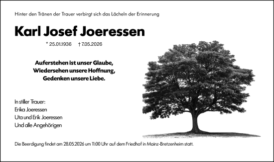 Traueranzeige von Karl Josef Joeressen von Allgemeine Zeitung Mainz