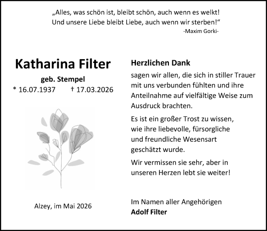 Traueranzeige von Katharina Filter von Allgemeine Zeitung Alzey