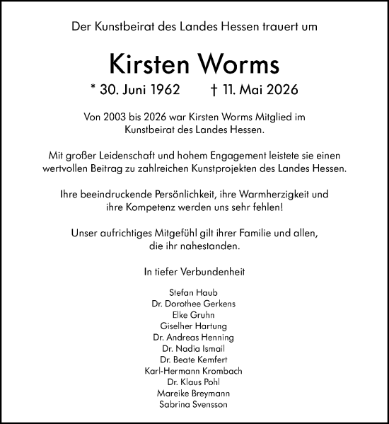 Traueranzeige von Kirsten Worms von Wiesbadener Kurier