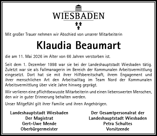 Traueranzeige von Klaudia Beaumart von Wiesbadener Kurier
