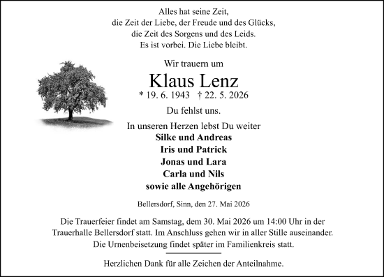 Traueranzeige von Klaus Lenz von Dill Block