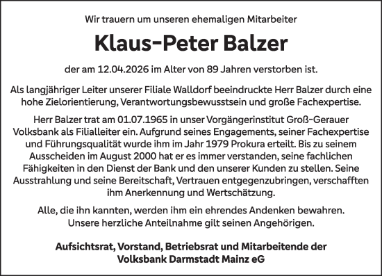 Traueranzeige von Klaus-Peter Balzer von Wiesbadener Kurier