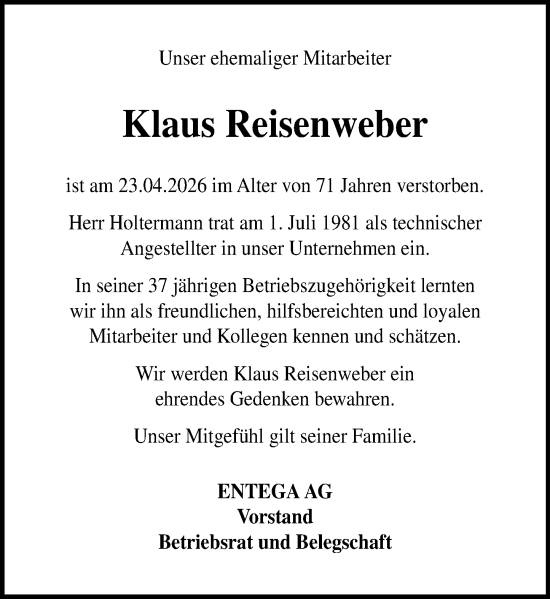 Traueranzeige von Klaus Reisenweber von Odenwälder Echo