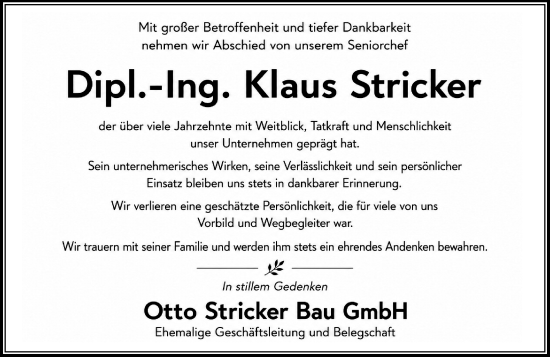 Traueranzeige von Klaus Stricker von Idsteiner Land/Untertaunus