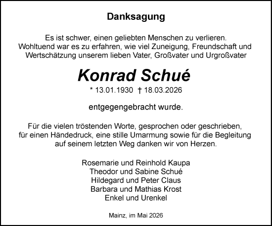 Traueranzeige von Konrad Schué von Allgemeine Zeitung Mainz