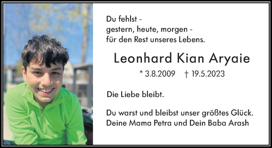 Traueranzeige von Leonhard Kian Aryaie von Wiesbadener Kurier