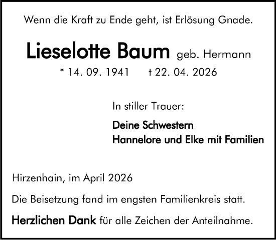 Traueranzeige von Lieselotte Baum von Dill Block