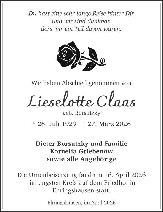 Traueranzeige von Lieselotte Claas von Wetzlarer Neue Zeitung