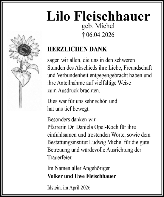 Traueranzeige von Lilo Fleischhauer von Idsteiner Land/Untertaunus