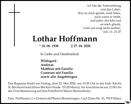 Traueranzeige von Lothar Hoffmann von Allgemeine Zeitung Mainz