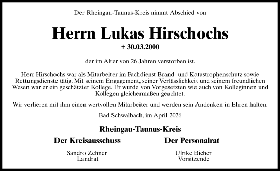 Traueranzeige von Lukas Hirschochs von Wiesbadener Kurier