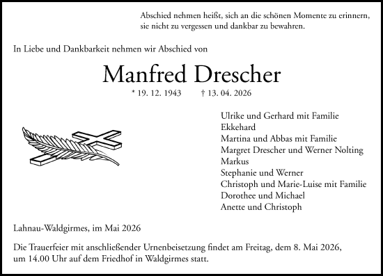 Traueranzeige von Manfred Drescher von Wetzlarer Neue Zeitung