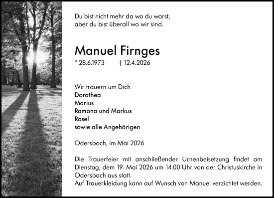 Traueranzeige von Manuel Firnges von Weilburger Tageblatt