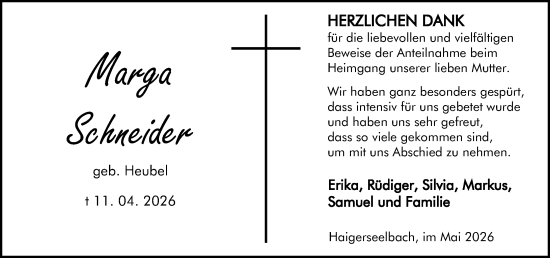 Traueranzeige von Marga Schneider von Dill Block