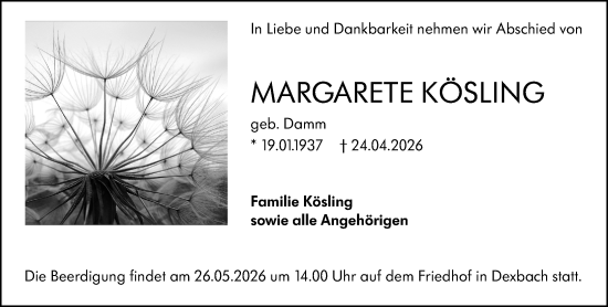 Traueranzeige von Margarete Kösling von Hinterländer Anzeiger