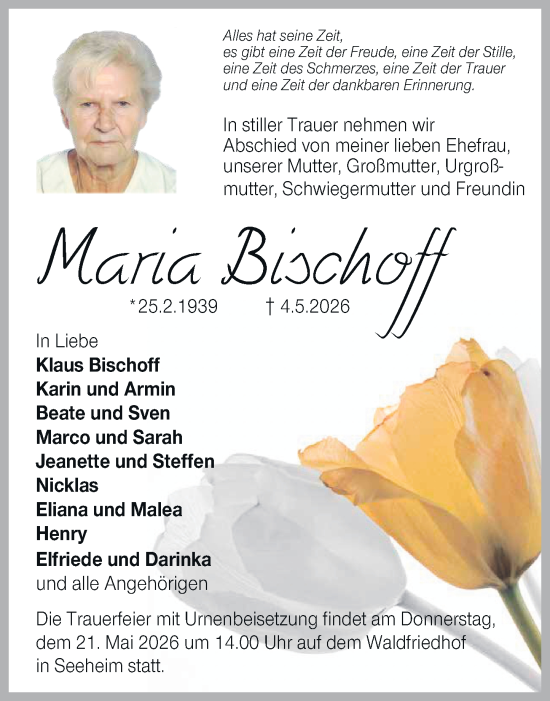 Traueranzeige von Maria Bischoff von Darmstädter Echo