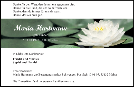 Traueranzeige von Maria Hartmann von Allgemeine Zeitung Mainz