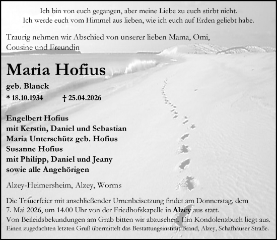 Traueranzeige von Maria Hofius von Allgemeine Zeitung Alzey