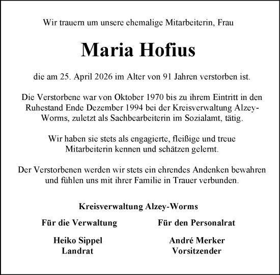 Traueranzeige von Maria Hofius von Allgemeine Zeitung Alzey