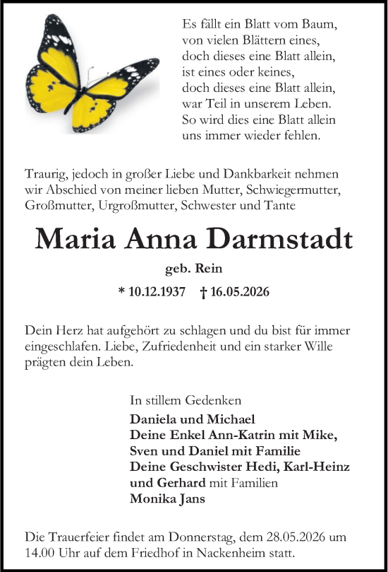 Traueranzeige von Maria Anna Darmstadt von Allgemeine Zeitung Mainz