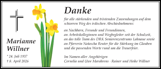 Traueranzeige von Marianne Willner von Hinterländer Anzeiger