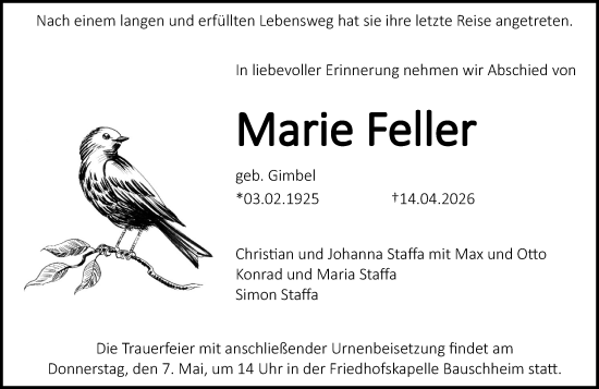 Traueranzeige von Marie Feller von Rüsselsheimer Echo