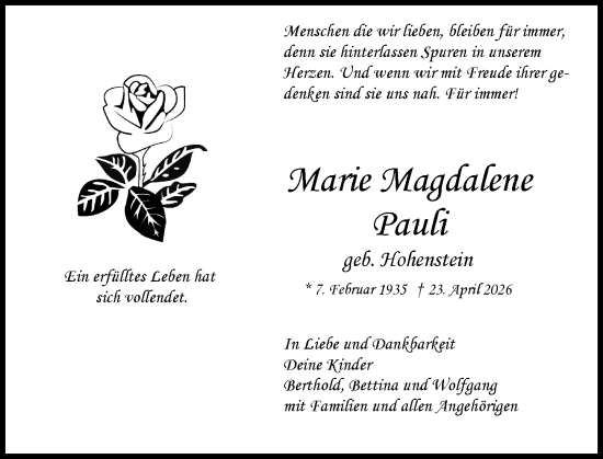 Traueranzeige von Marie Magdalene Pauli von Rüsselsheimer Echo