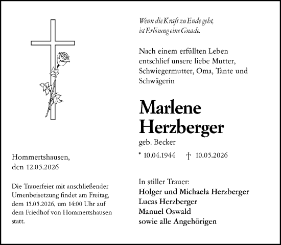 Traueranzeige von Marlene Herzberger von Hinterländer Anzeiger