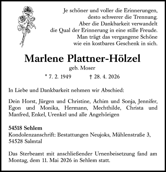 Traueranzeige von Marlene Plattner-Hölzel von Dieburger Anzeiger/Groß-Zimmerner Lokal-Anzeiger