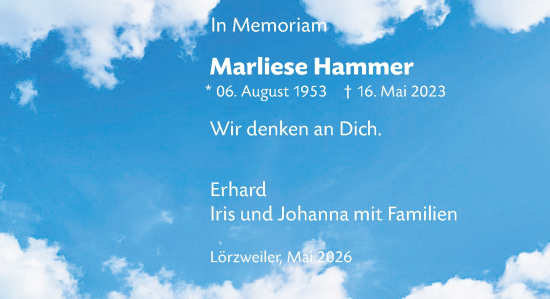 Traueranzeige von Marliese Hammer von Allgemeine Zeitung Mainz