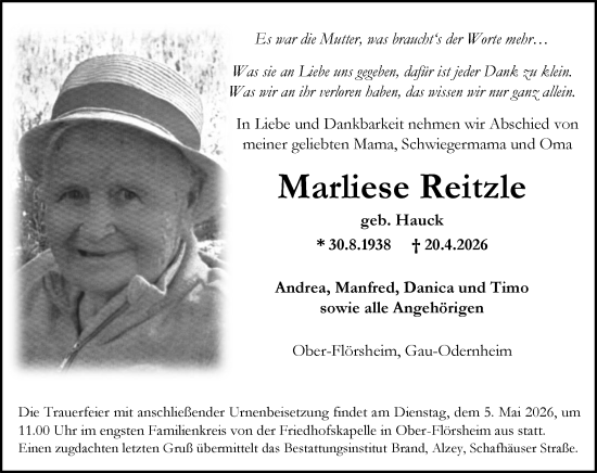 Traueranzeige von Marliese Reitzle von Allgemeine Zeitung Alzey