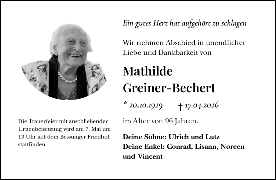 Traueranzeige von Mathilde Greiner-Bechert von Darmstädter Echo