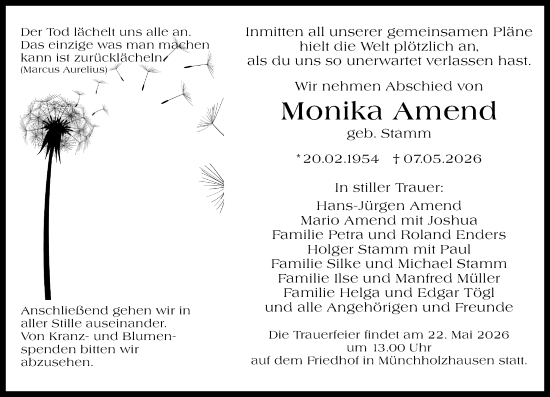 Traueranzeige von Monika Amend von Wetzlarer Neue Zeitung