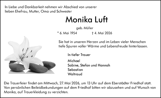 Traueranzeige von Monika Luft von Darmstädter Echo