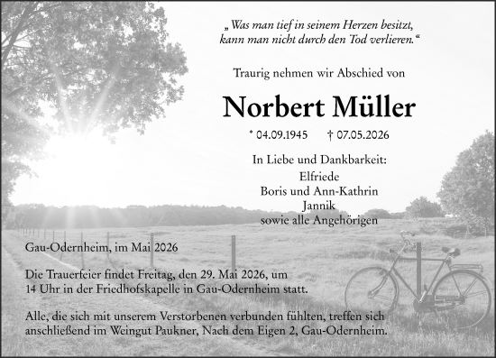 Traueranzeige von Norbert Müller von Allgemeine Zeitung Alzey