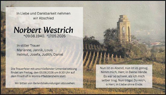 Traueranzeige von Norbert Westrich von Wormser Zeitung