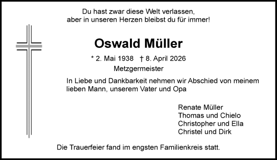 Traueranzeige von Oswald Müller von Allgemeine Zeitung Mainz