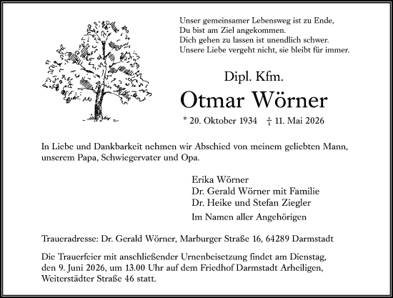 Traueranzeige von Otmar Wörner von Darmstädter Echo