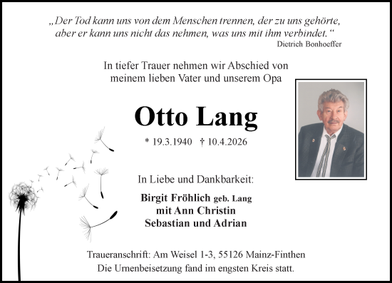 Traueranzeige von Otto Lang von Allgemeine Zeitung Mainz