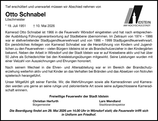 Traueranzeige von Otto Schnabel von Idsteiner Land/Untertaunus