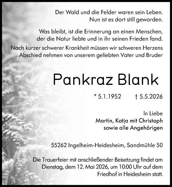 Traueranzeige von Pankraz Blank von Allgemeine Zeitung Rheinhessen-Nahe