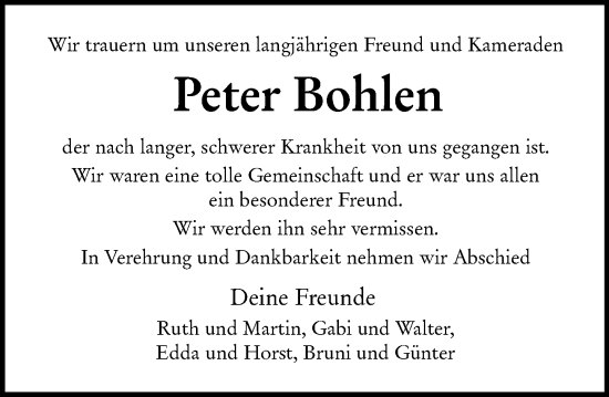 Traueranzeige von Peter Bohlen von Allgemeine Zeitung Alzey