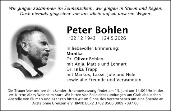 Traueranzeige von Peter Bohlen von Allgemeine Zeitung Alzey
