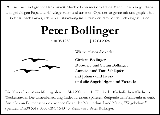 Traueranzeige von Peter Bollinger von Allgemeine Zeitung Mainz