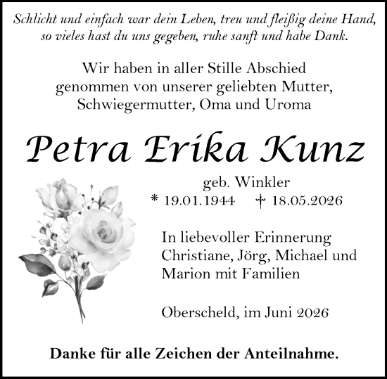Traueranzeige von Petra Erika Kunz von Dill Block